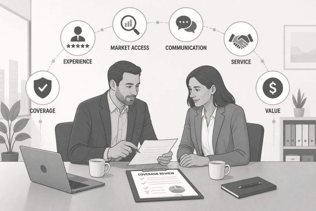Insurance professional and business owner reviewing coverage documents together at conference table with coffee cups and laptop in modern office setting