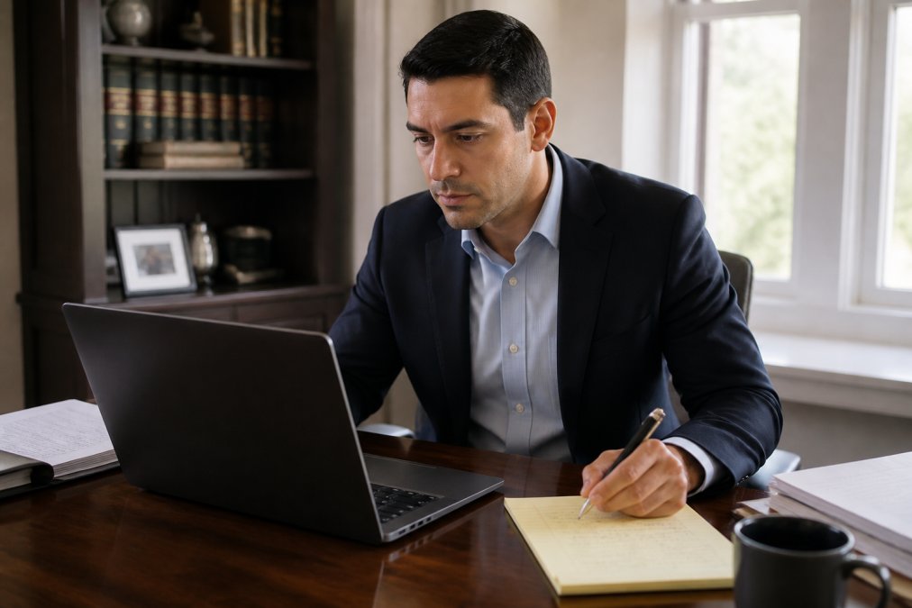 A solo attorney at a tidy home office desk reviewing a laptop screen showing a secure document delivery confirmation, with a legal pad and coffee mug nearby, natural window light