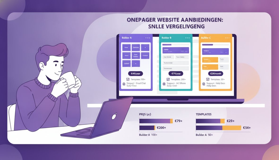 Ondernemer vergelijkt website builder interfaces op laptop aan bureau met koffie, meerdere schermen zichtbaar in modern kantoor met warm licht