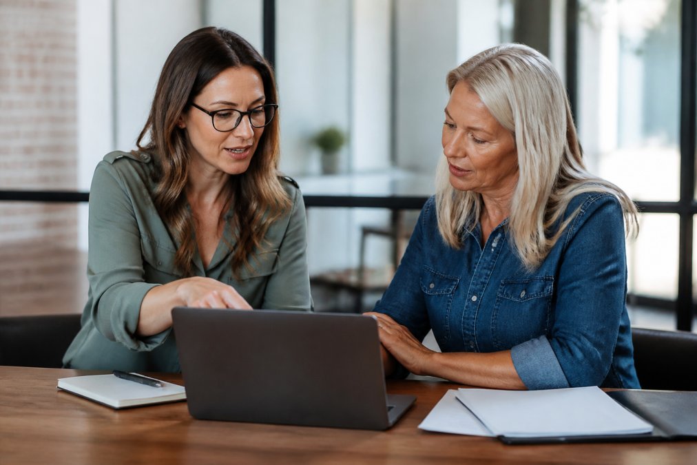 A business consultant and a small business owner reviewing a sales dashboard on a laptop in a bright, modern office, pointing at a chart and discussing strategy