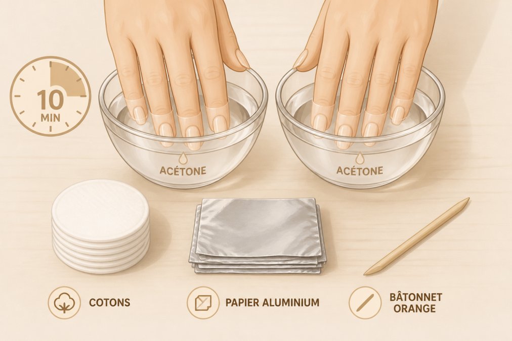 Mains trempant les bouts des doigts dans de petits bols en verre remplis d'acétone sur une table en bois, avec des tampons de coton, des carrés de papier d'aluminium et un bâtonnet orange disposés soigneusement à côté, sous un éclairage chaud