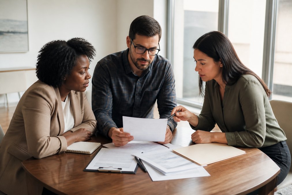 A diverse group of professionals in a bright, modern office reviewing financial documents and comparing options on a laptop screen