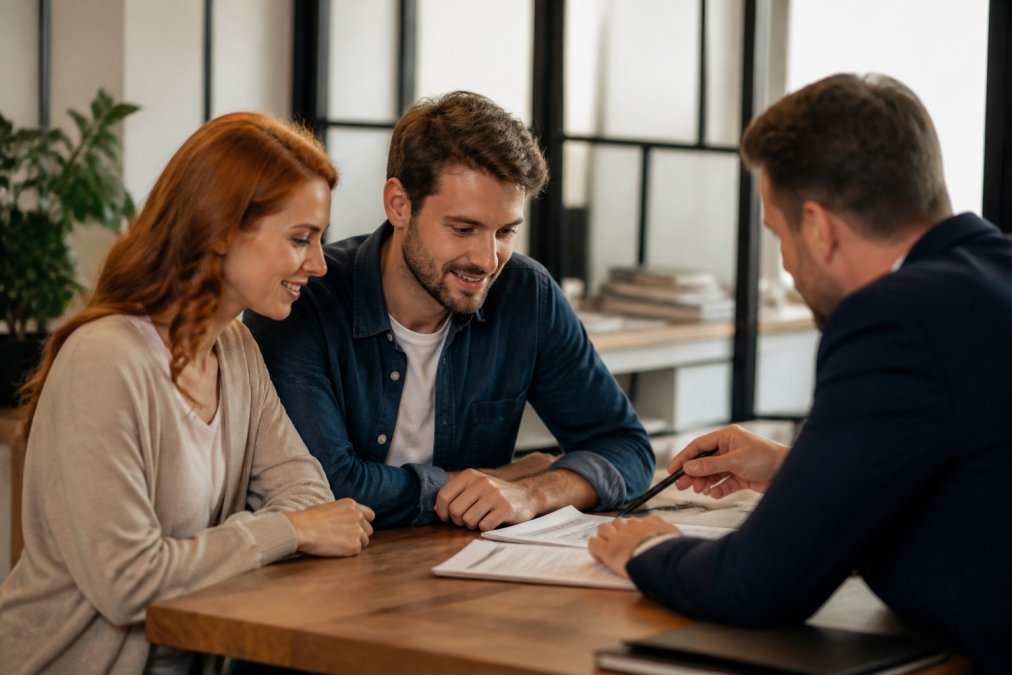 Mortgage loan officer meeting with young couple in professional office setting, reviewing paperwork and discussing options, warm professional lighting