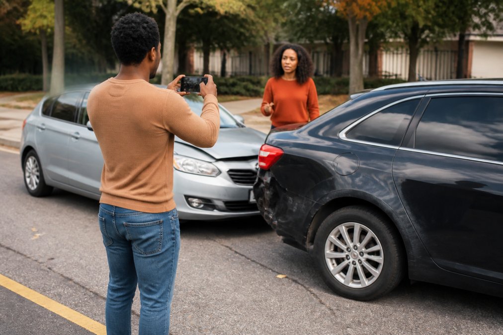 Driver standing beside damaged vehicle at accident scene, taking photos with smartphone while another driver approaches to exchange information