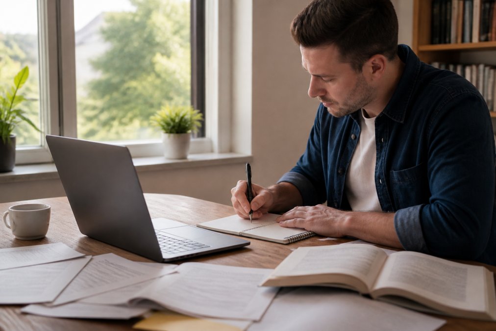 Person at home studying on laptop with course materials and notes spread across desk, natural daylight from window, coffee cup nearby