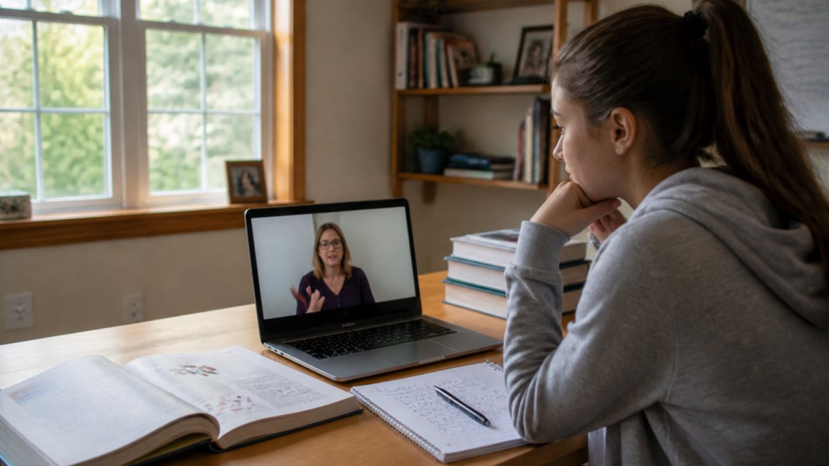 A high school student sitting at a desk with an AP Chemistry textbook, notebook, and laptop open to a video tutoring session, warm natural light from a window