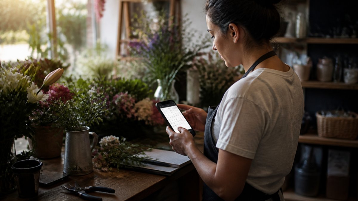 Online Appointment Booking Software: A 2026 Review Small business owner checking appointment bookings on smartphone at desk with calendar interface visible on screen, natural office lighting