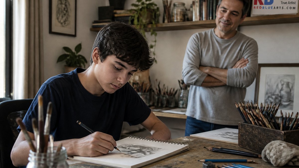 Teenager drawing on a digital tablet at a desk while a supportive parent watches from the background