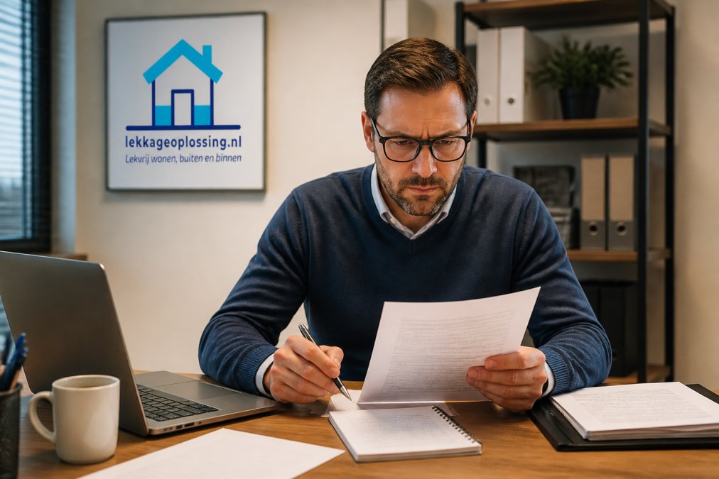 Ondernemer bestudeert kritisch een contract voor een online bedrijvengids aan een bureau in een zakelijke kantooromgeving.