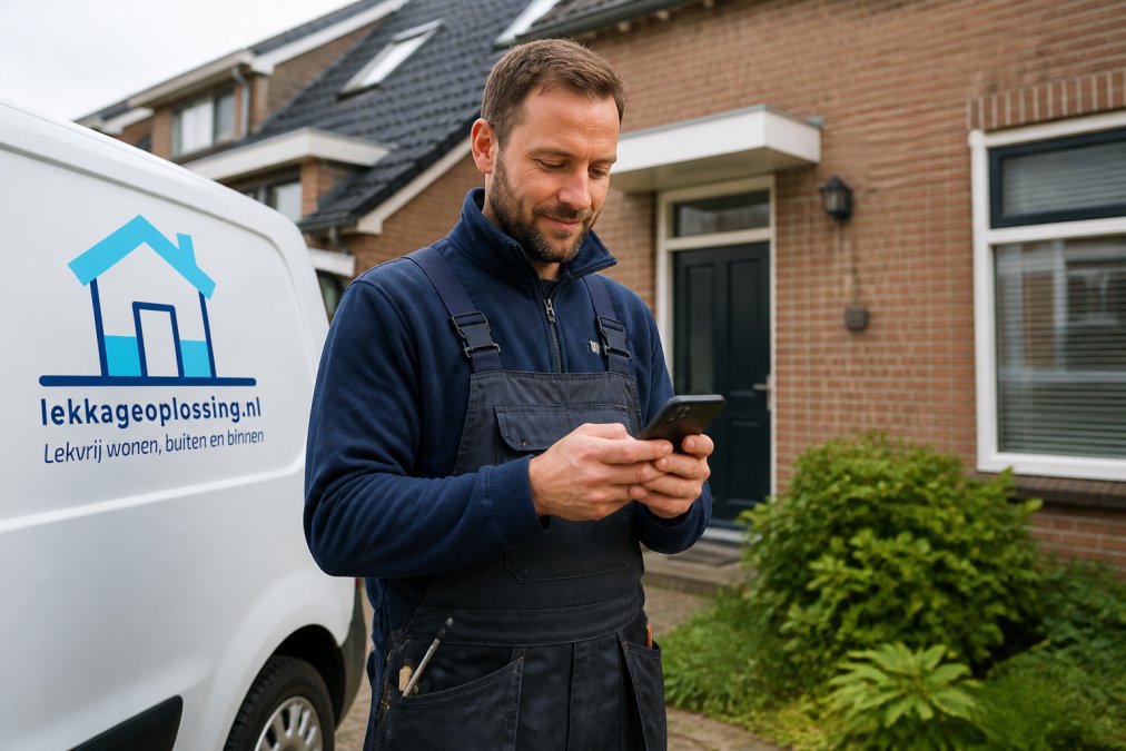 Loodgieter in werkkleding bekijkt een opdracht via een online bedrijvengids op zijn smartphone voor een woning.