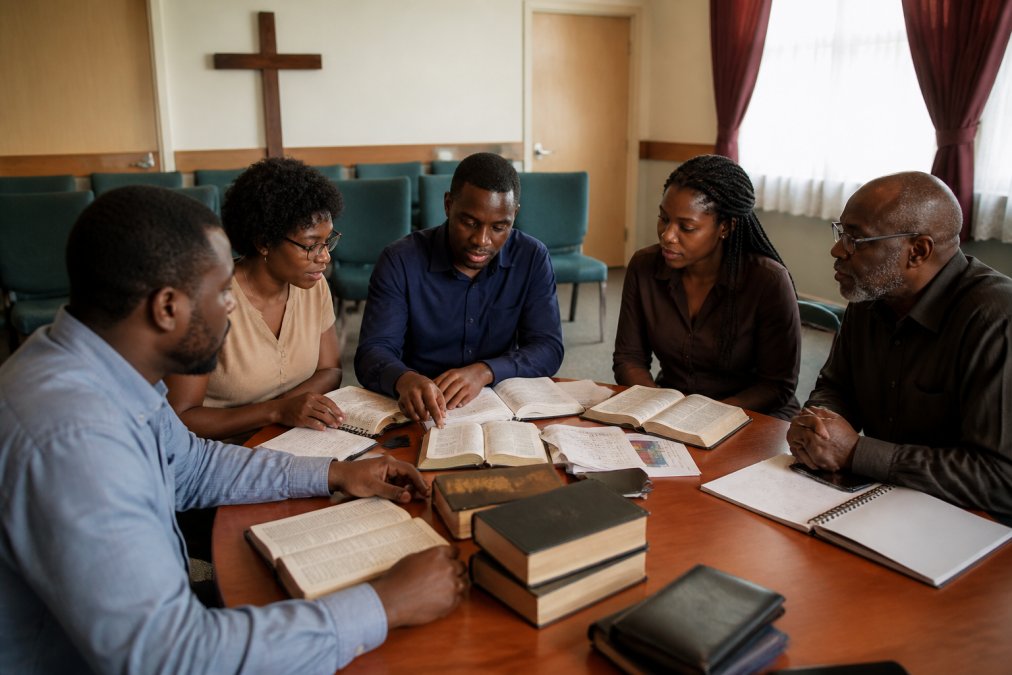 Church leaders and congregation members gathered around table in meeting room, reviewing curriculum documents and materials together