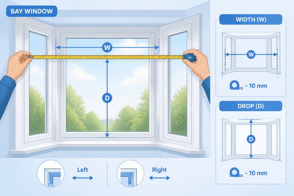 Hands holding a measuring tape against a residential window frame, showing proper technique for measuring width and drop on a bay window with natural daylight streaming through