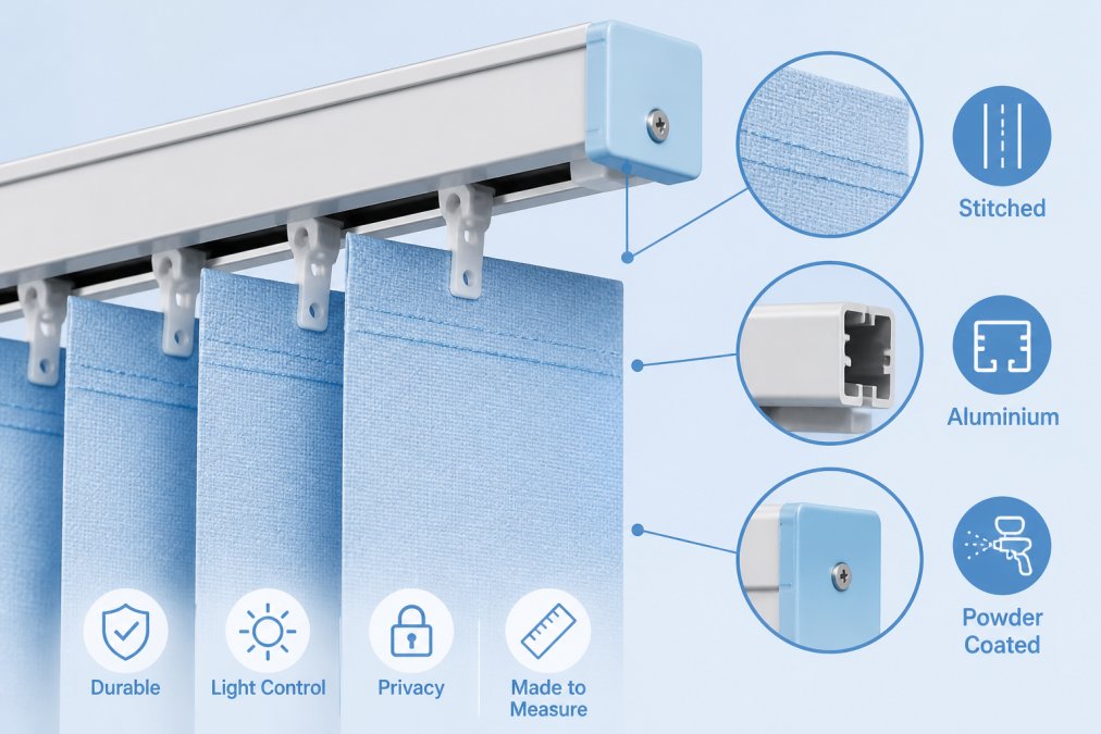 Close-up of precision-manufactured vertical blind fabric and aluminium headrail showing quality stitching, crisp louvres, and powder-coated metal components under studio lighting