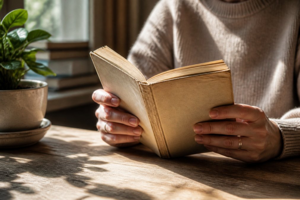 Hands holding a well-loved paperback book with visible creases and worn spine, warm natural light illuminating the pages and highlighting the character of age and previous readership