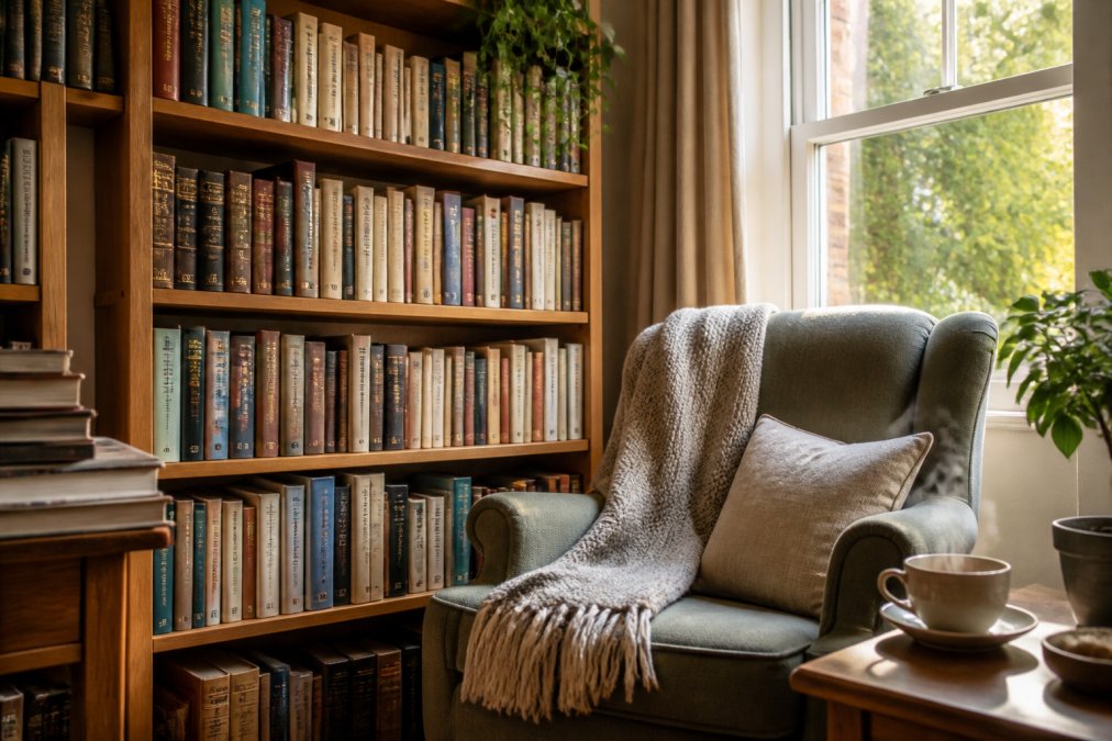 A cosy home bookshelf filled with mixed hardcover and paperback books of various ages and genres, spines facing outward, with a comfortable reading chair positioned nearby and a steaming cup of tea on a side table in warm, natural afternoon light