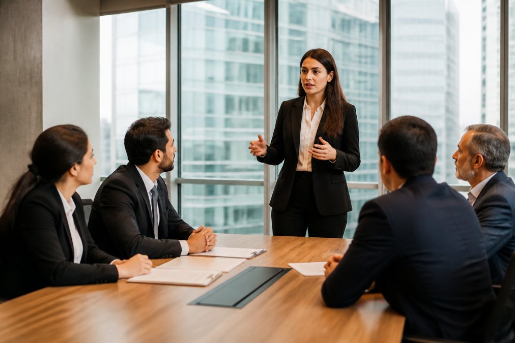 Entrepreneur presenting business strategy and financial projections to potential investors in a professional conference room with large windows and modern furnishings