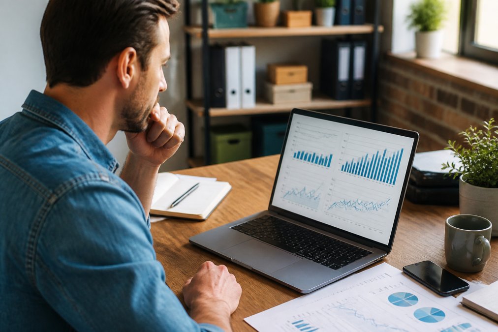 Small business owner reviewing detailed financial metrics and growth charts on a laptop at their desk, showing increasing revenue trends and improved profitability over recent months