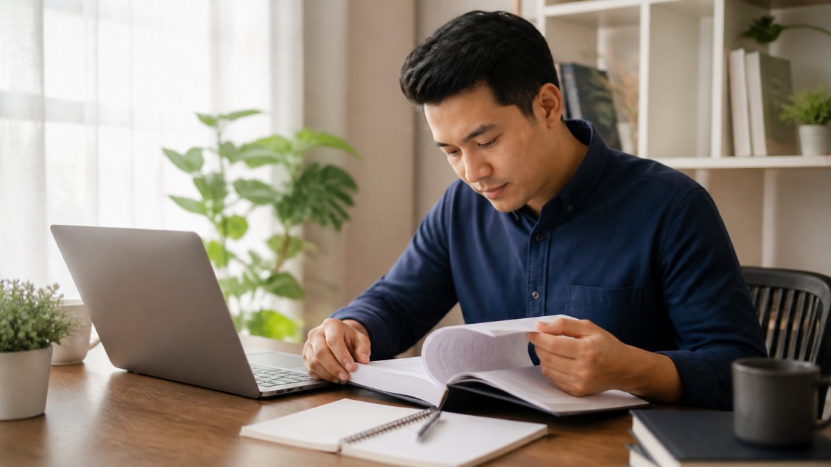Online seller reviewing course materials for online business certifications in a bright home office