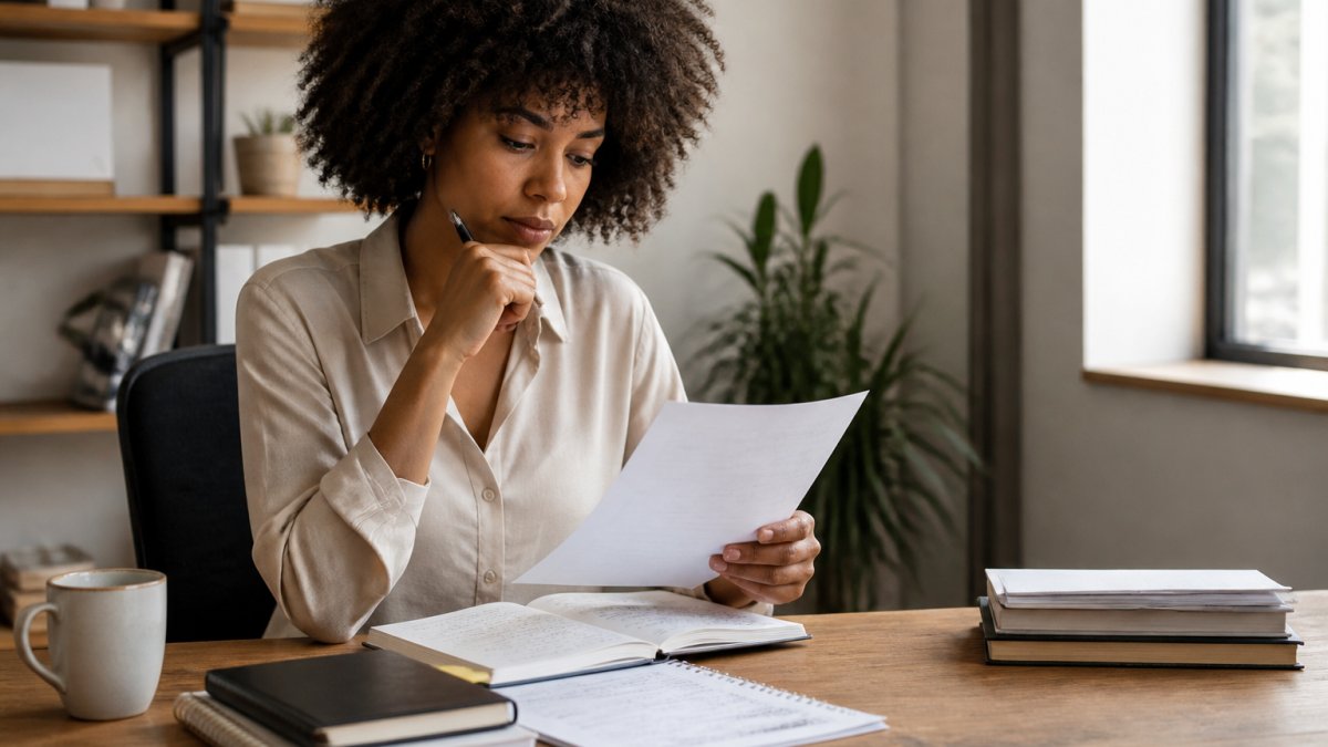 Business owner sitting at desk with laptop and notebook, reviewing strategy notes and making a decision about learning approach, natural office lighting