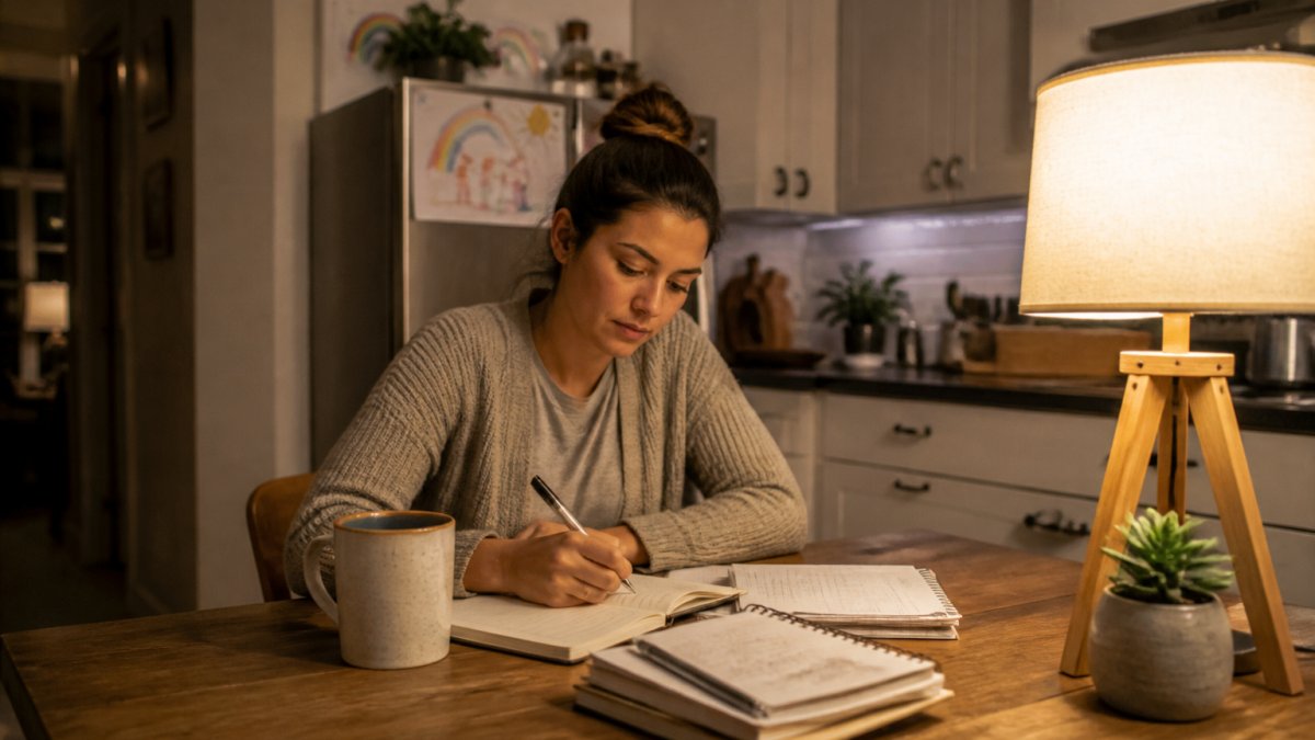 A parent working on a laptop at a kitchen table in the evening, notebooks and a mug nearby, soft lamp light, child's drawing on the fridge in the background