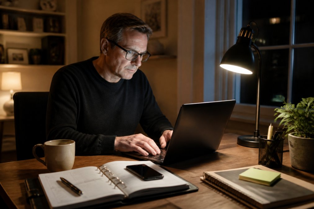 Professional working on online business models on a laptop at a home desk during the evening with coffee and a planner