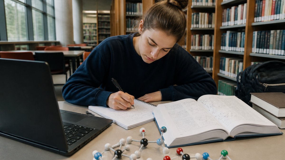 A college student sitting at a desk with a laptop, notebook, and open chemistry textbook, writing out practice problems by hand in a bright library study space