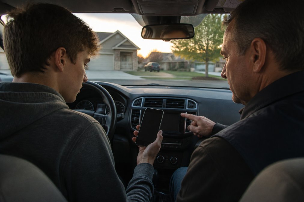 Parent and teen using an online drivers ed practice log app in a parked car to track driving hours