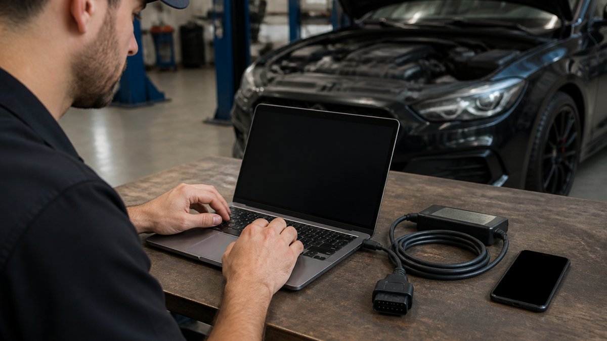 Professional tuner registering ECU flash device on laptop with OBD cable and smartphone nearby on workbench