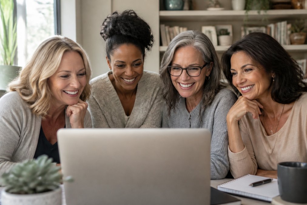 A diverse group of women in their 40s and 50s smiling and connecting during a video call on a laptop screen, with a cozy home office setting in the background
