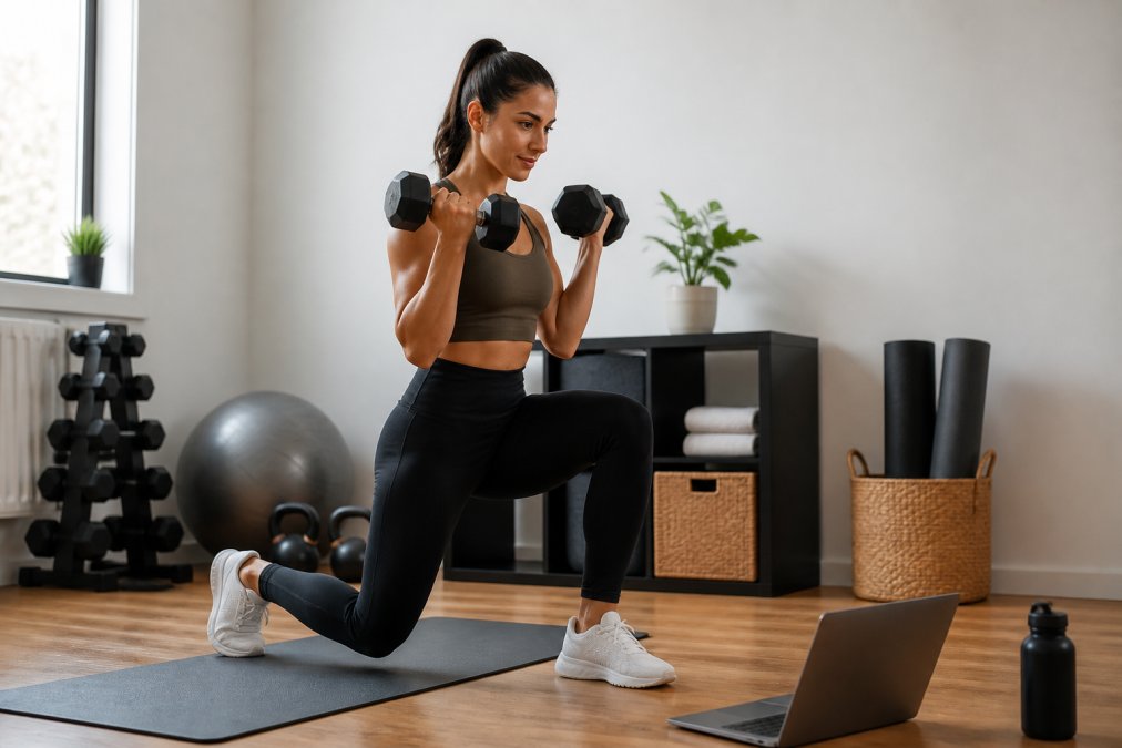 Person mid-workout in bright, organized home gym space with dumbbells, yoga mat, and laptop displaying a fitness class, showing proper form during strength training