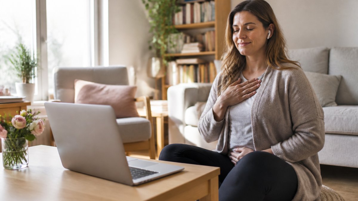 Woman seated comfortably at home during a video call on her laptop with a peaceful, relaxed expression, natural lighting streaming from a nearby window, in a calm domestic setting with soft furnishings
