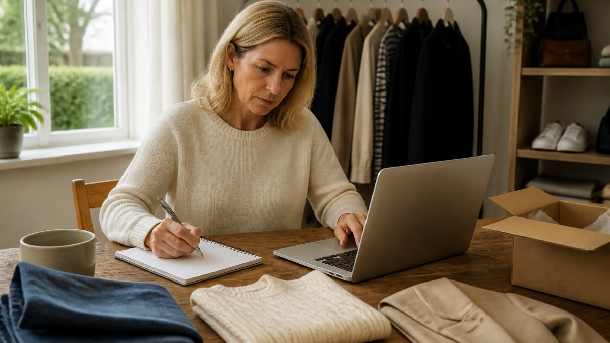 Eine Person mittleren Alters sitzt mit einem Laptop und einem Notizbuch an einem Esstisch und vergleicht konzentriert Versandbedingungen auf verschiedenen Online-Shop-Seiten, warmes Tageslicht fällt durch ein Fenster