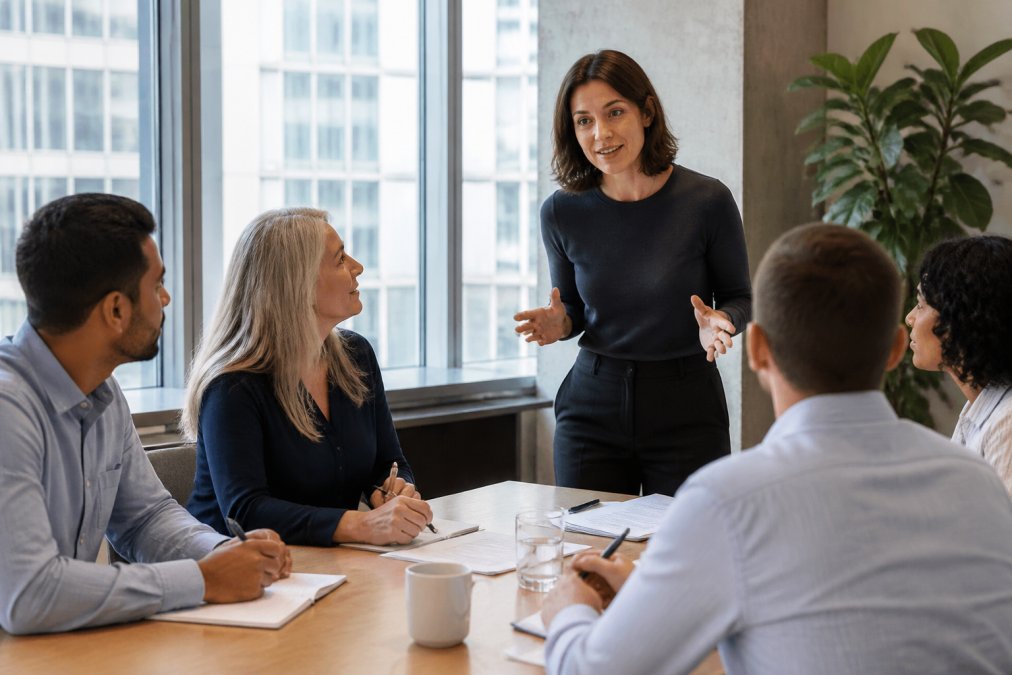 Professional woman leading a team discussion in a modern office, with colleagues engaged and taking notes around a conference table, natural light from windows