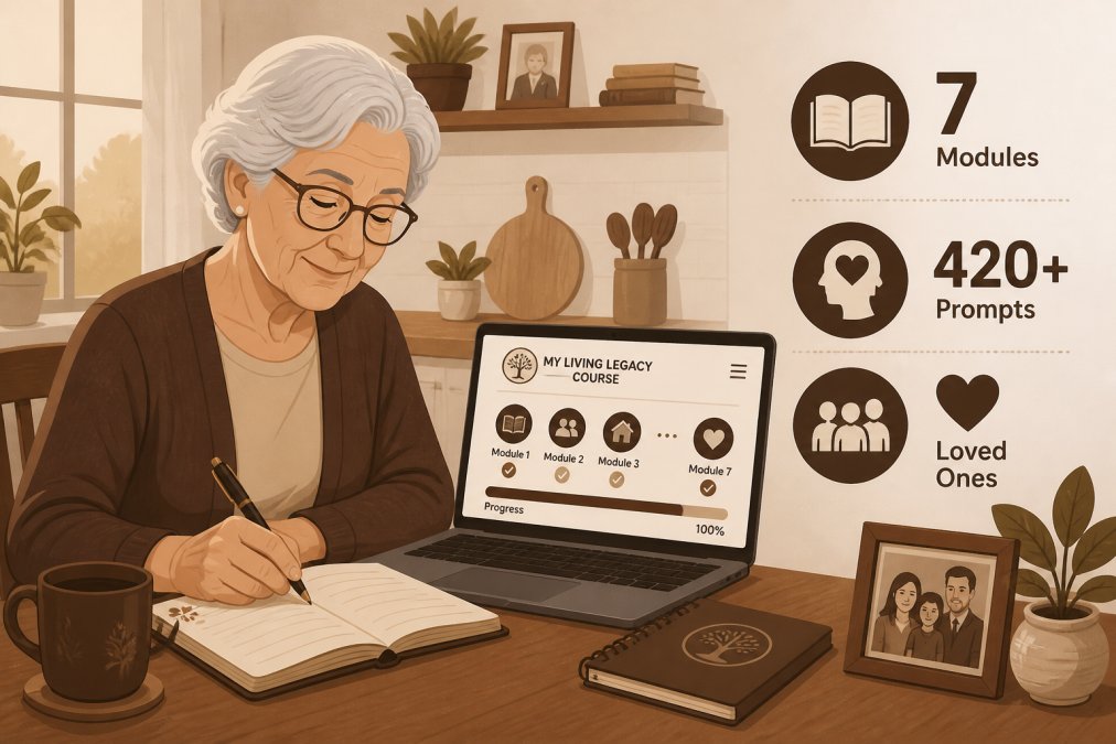 An older adult in their early 70s sitting at a wooden kitchen table, writing thoughtfully in an open journal with a laptop beside them displaying an online course interface, warm morning light coming through a window, relaxed and focused expression