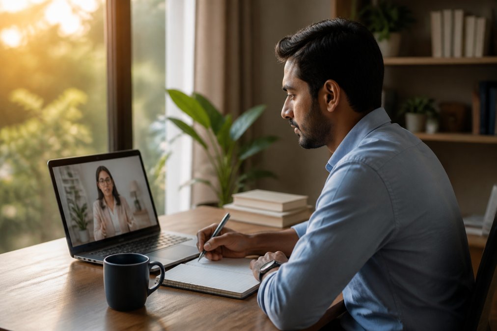 Professional reviewing an online course to manage certification time commitment in a quiet home office.