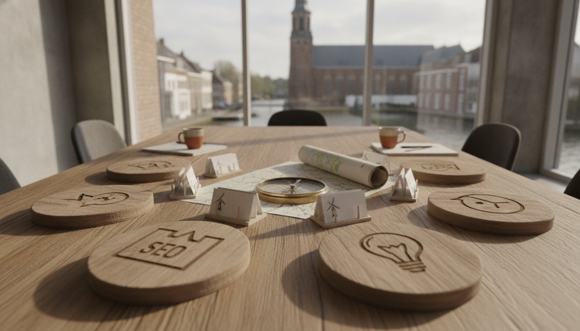 Team van vijf marketingprofessionals in een licht, modern kantoor in Helmond, werkend aan laptops en notitieblokken rond een vergadertafel met grote ramen op de achtergrond