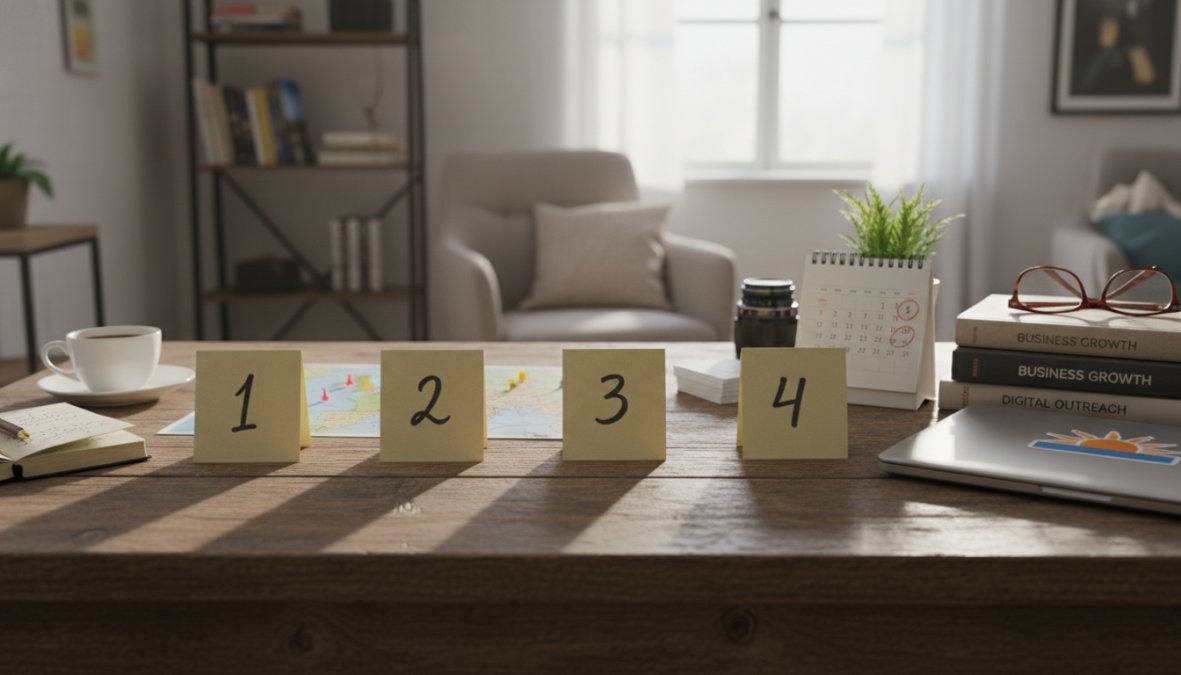 Online marketing voor ondernemers: praktische gids 2026 1 Ondernemer zit aan een licht houten bureau met een open laptop en een geopend notitieboek vol aantekeningen, een dampende kop koffie staat naast hem, de ruimte is licht en modern met grote ramen op de achtergrond