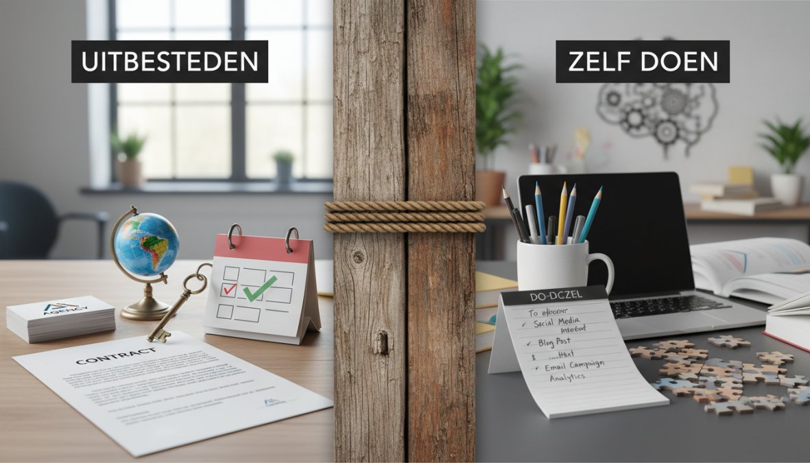Online marketing voor ondernemers: praktische gids 2026 2 Twee ondernemers zitten aan een ovale vergadertafel, één wijst naar een laptopscherm met een website en analytics-dashboard, de ander luistert en maakt aantekeningen, sfeervolle kantooromgeving met groene planten op de achtergrond en warm licht