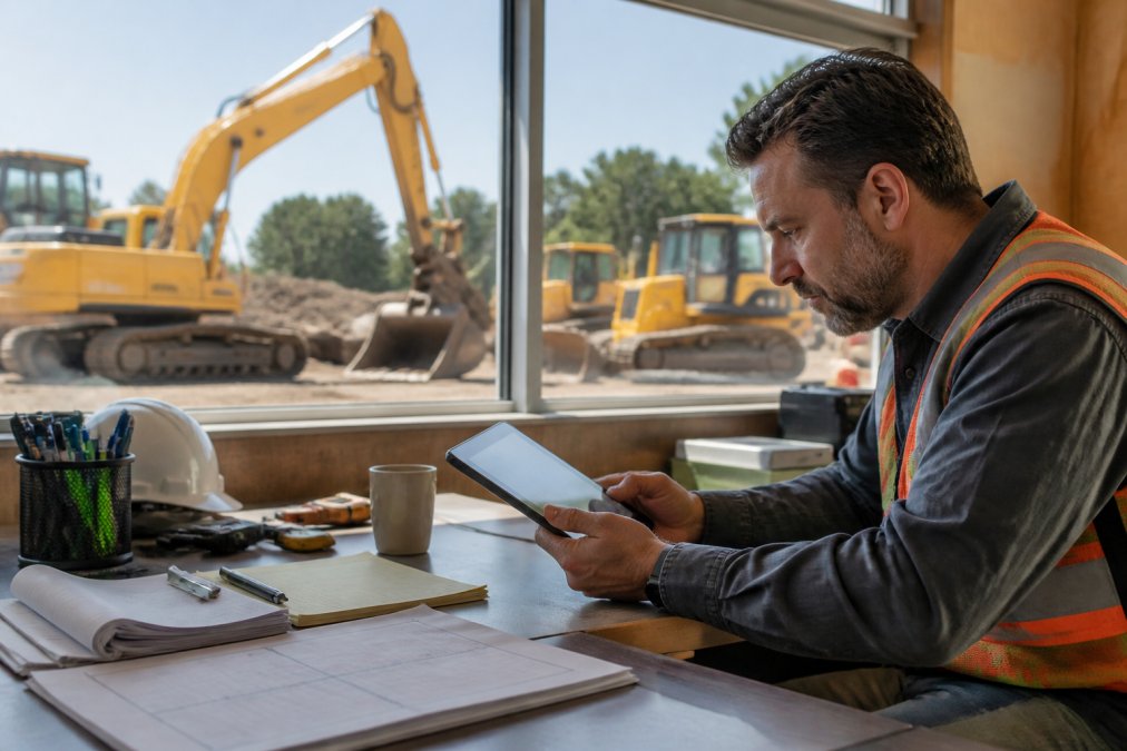 Contractor reviewing heavy equipment listings on a tablet in a job site office, with excavators and dozers visible through the window behind, natural daylight streaming across the desk