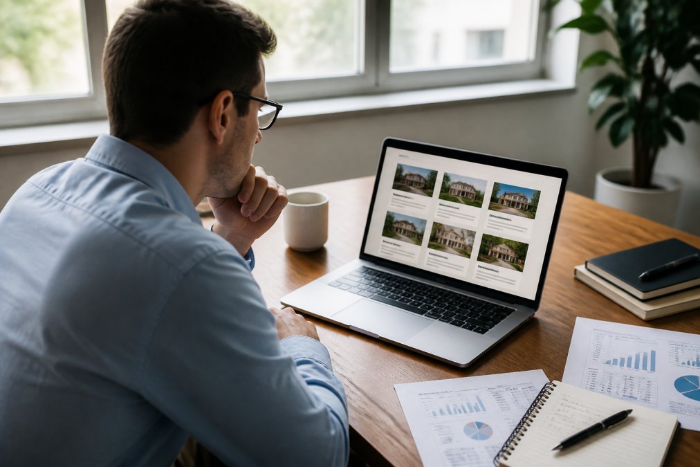 Professional at desk reviewing online business listings on laptop screen, with financial documents and notepad visible, natural office lighting from window
