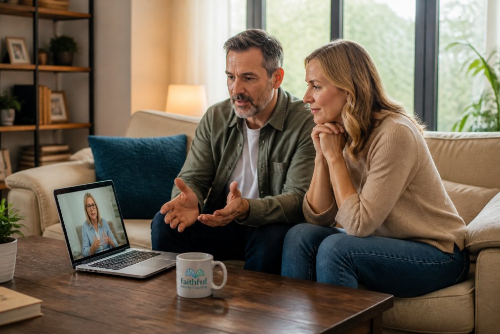 A couple in their forties sitting together on a beige couch with a laptop open on the coffee table, engaged in a video call with a coach, soft afternoon light through living room windows