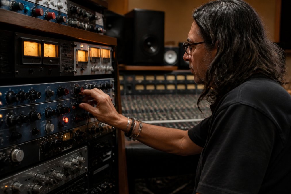 Close-up of a professional audio engineer adjusting knobs on a rack of vintage analog outboard gear in a dimly lit mastering studio, with warm LED meters glowing in the background