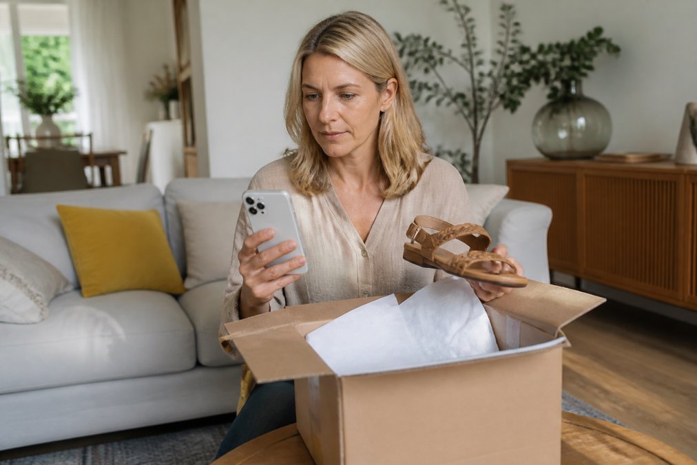 Eine Frau mittleren Alters hält eine geöffnete Lieferung mit einem Paar Sandalen in Händen und vergleicht sie mit der Bestellbestätigung auf ihrem Smartphone, Tageslicht in einem hellen Wohnzimmer
