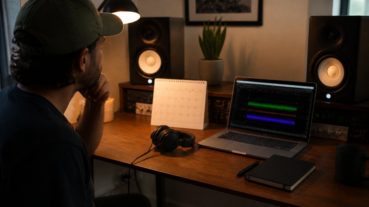 A music producer at a home studio desk reviewing a track on studio monitors, with a laptop showing a waveform and a calendar nearby, warm evening lighting
