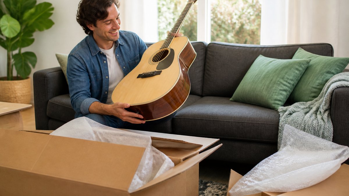 A guitarist unboxing a new acoustic guitar bought from online music stores in a bright living room.