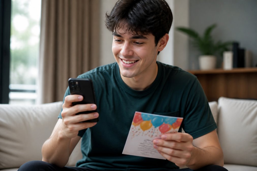 Young person checking a shipping update for party apparel stores while holding an invitation and smiling