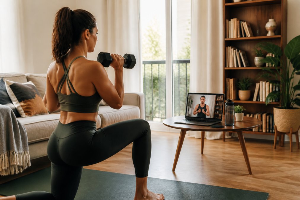 Person at home performing a dumbbell exercise while visible on a laptop screen to a fitness trainer, trainer gesturing to correct form during a live video session