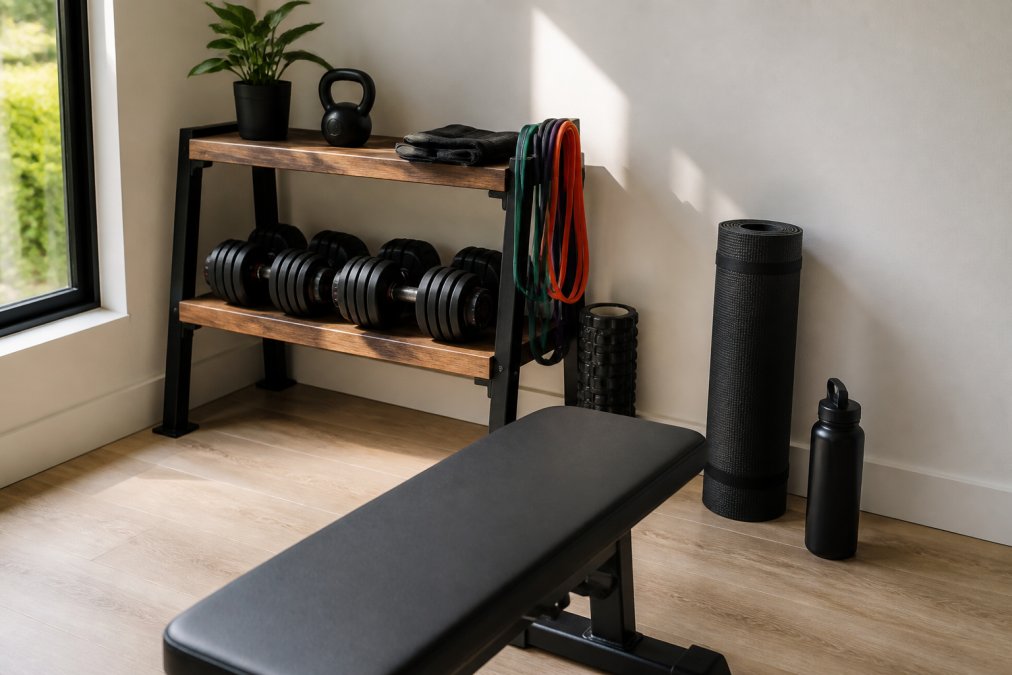 Organized home gym corner with adjustable dumbbells on a wooden rack, resistance bands coiled neatly, a rolled yoga mat, water bottle, and a small bench on a light wooden floor with natural window lighting