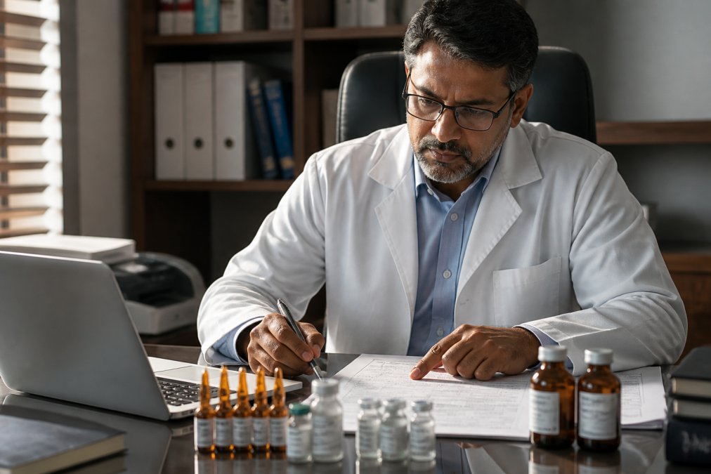Professional pharmacist verifying prescription credentials on a laptop with pharmacy license documents and medication bottles on desk, natural office lighting
