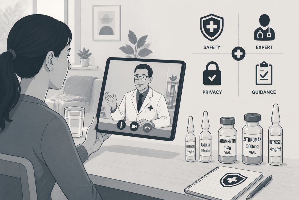 Healthcare professional in white coat having video consultation with patient on tablet at home, medication bottles visible on table, natural home lighting